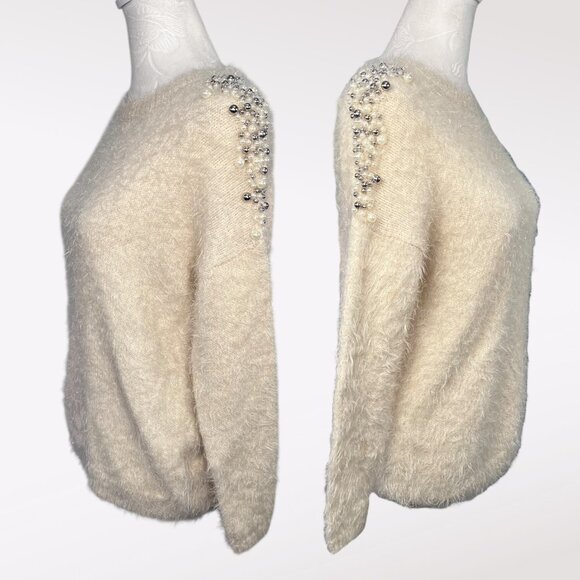 Pearl Beaded Fuzzy Sweater Y2K Soft Knit Glam Pullover Top Small - Picture 4 of 9